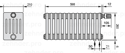 Схема (чертеж) Радиатор Zehnder Charleston 6026/13 №V002 Белый глянцевый RAL 9016